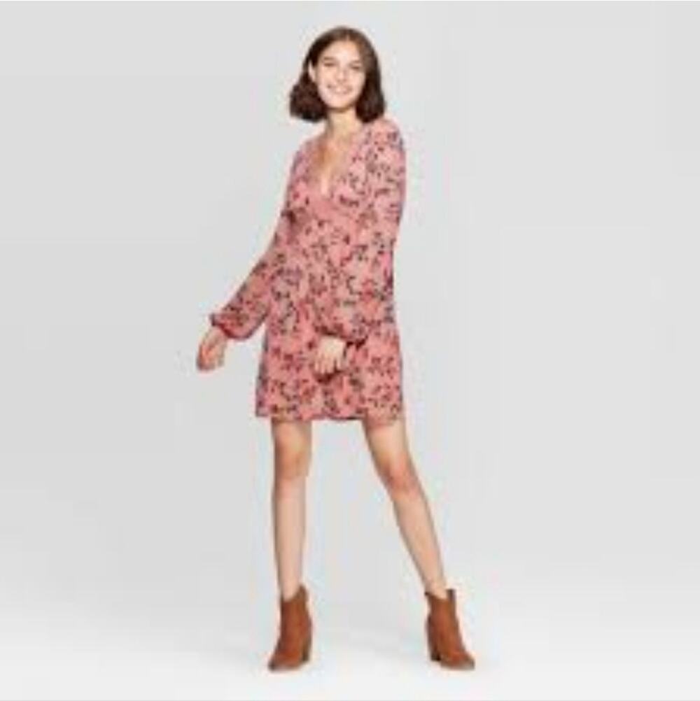 Xhilaration Boho Floral Print Long Sleeve V Neck Lace Trimmed Mini Dress Large
